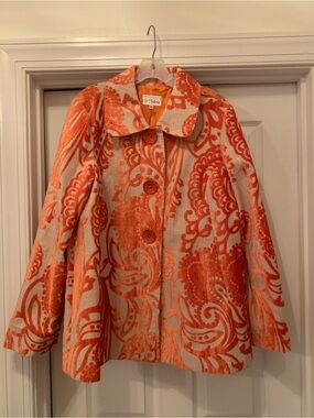 3 Sisters Orange and Cream Patterned velvet burnout Swing Trench Coat XL